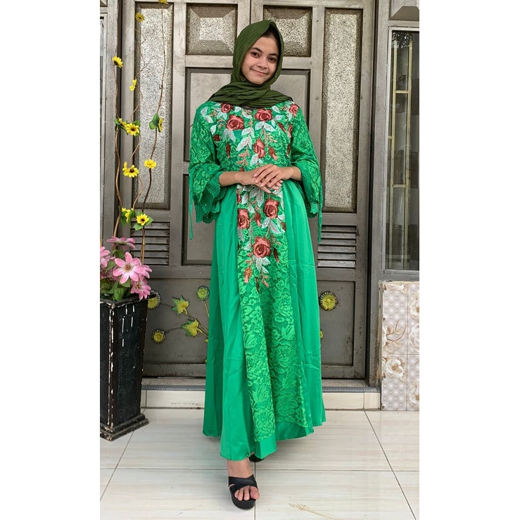 Gamis Busui Brukat Mix Satin Velvet Renda Bordir Mewah