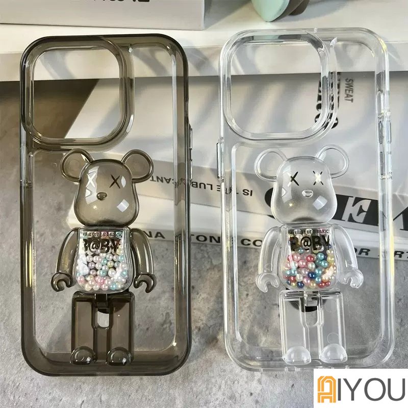 IPHONE Clear Violent Bear Holder Dengan shell Luar Angkasa Bening Mewah Casing Ponsel Untuk Iphone11 12 13 14 Pro Max X Xs XR 7 8 Plus SE 2 3 10 Penutup Bumper Transparan Kristal