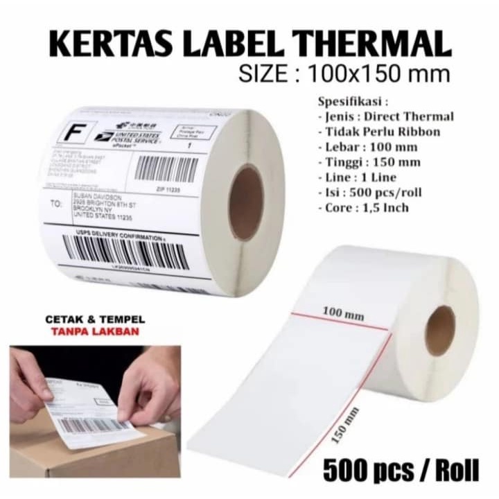 Label thermal barcode Roll A6 100x150 / kertas label thermal barcode 100x150 isi 500 / kertas thermal 100x150 isi 350 / KERTAS STIKER RESI LABEL THERMAL