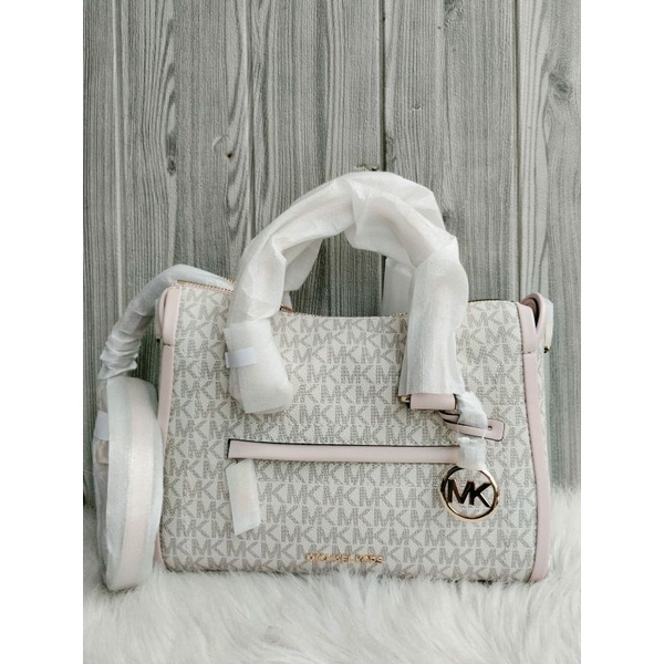 Michael Kors Carine Medium Top Zip Satchel Sign Powder Blush Multi
