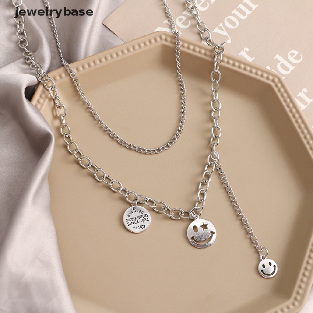 [jewelrybase] Smiley Face Pendant Necklace Silver Layered Necklace Alloy Chain Retro Hip Hop Punk Gaya Wajah Senyum Rantai Huruf Multilayer Kalung Rantai Klavikula Panjang Butik