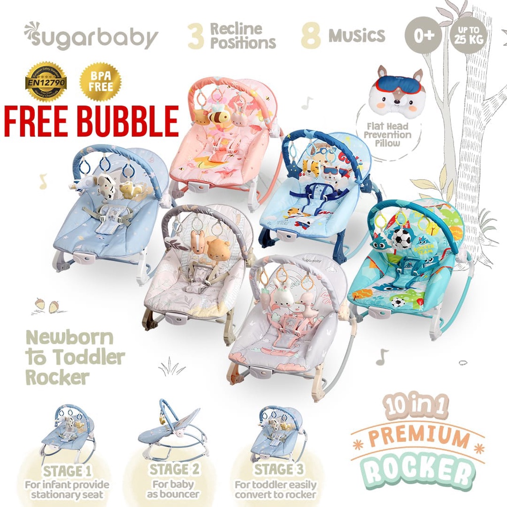 MOMS_ Bouncer Bayi FREE BUBBLE!!  SugarBaby 10 In 1 Premium Rocker NEW MOTIF /Bouncer 1 Recline Deluxe Musical Vibration//Kursi Goyang Manual Bayi