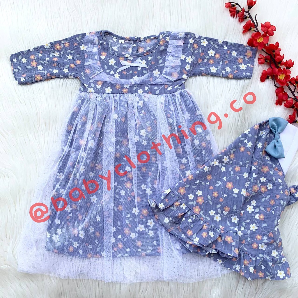 Baju setelan gamis motif bunga kerudung hijab muslim bestseller anak bayi cewek perempuan murah -flo