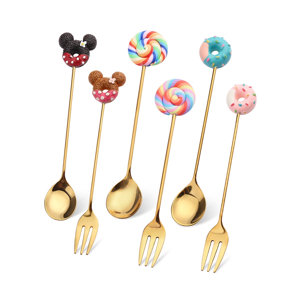 ღ Mickey Es Ccream Sendok Garpu Stainless Steel Pencampuran Sendok Kopi Kartun Buah Garpu Fashion Antirust Anak-anak Garpu Dapur Baking aksesoris