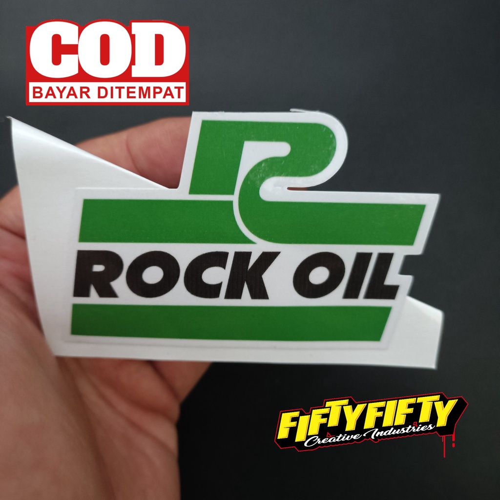 Stiker Print Cut ROCK OIL Stiker Printing Laminasi Glossy Stiker Motor Mobil Helm Sudah Membentuk Pola Desain