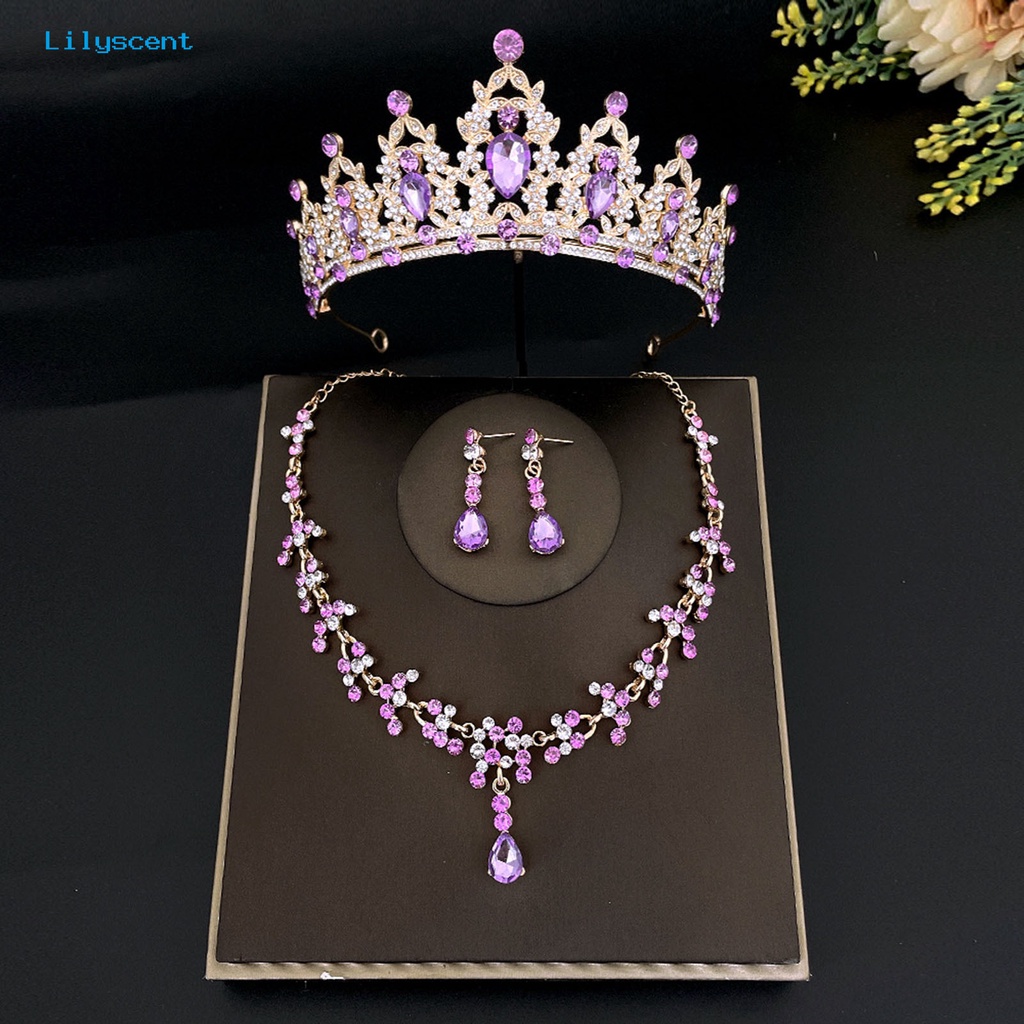 [LS] 3 Pcs/Set Pernikahan Mahkota Kristal Imitasi Electroplating Berlebihan Bentuk Geometris Shiny Dress Up Alloy Wedding Dress Bride Earrings Kalung Set Perhiasan Aksesori