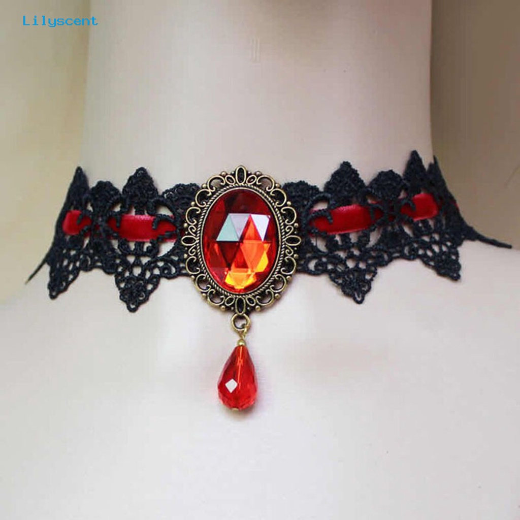 [LS] Wanita Choker Gothic Vintage Braided Aesthetic Dengan Faux Gemstone Dress Up Hadiah Wanita Punk Jahitan Renda Klavikula Kalung Perhiasan Trendi