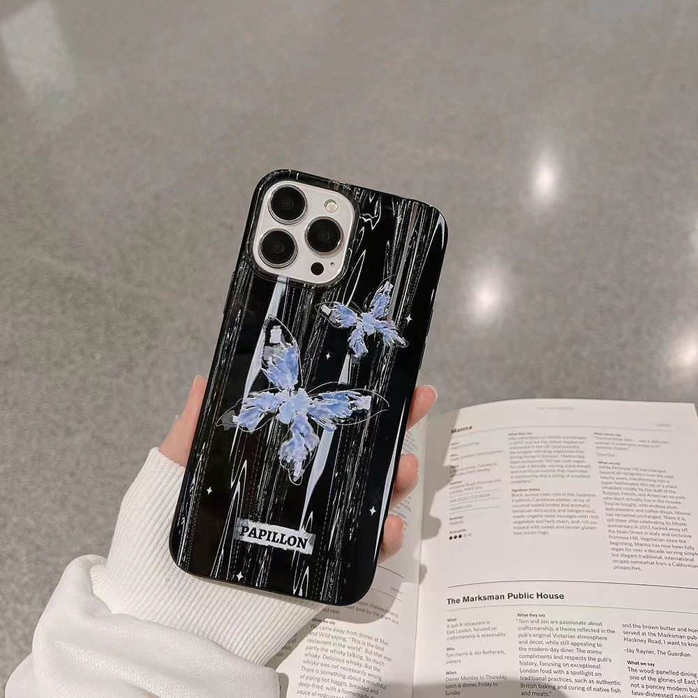 IPHONE Ins Kupu-Kupu Biru Cocok Untuk Iphone14 14pro 14plus 13 13mini 13pro 13prm iPhone12 7Plus 8Plus Xr XS 13 12mini Pro Max Empat Sudut Casing Ponsel Tahan Guncangan