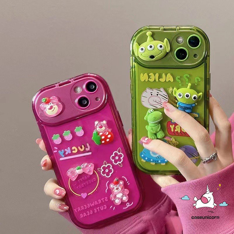 IPHONE Casing Ponsel Cermin Make Up Flip Kreatif Kompatibel Untuk Iphone11Xr13 12 14 Pro Max7 8 14 Plus X XS MAX SE Kartun Toy Story Strawberry Bear Manyo Alien Soft TPU Silicon Case