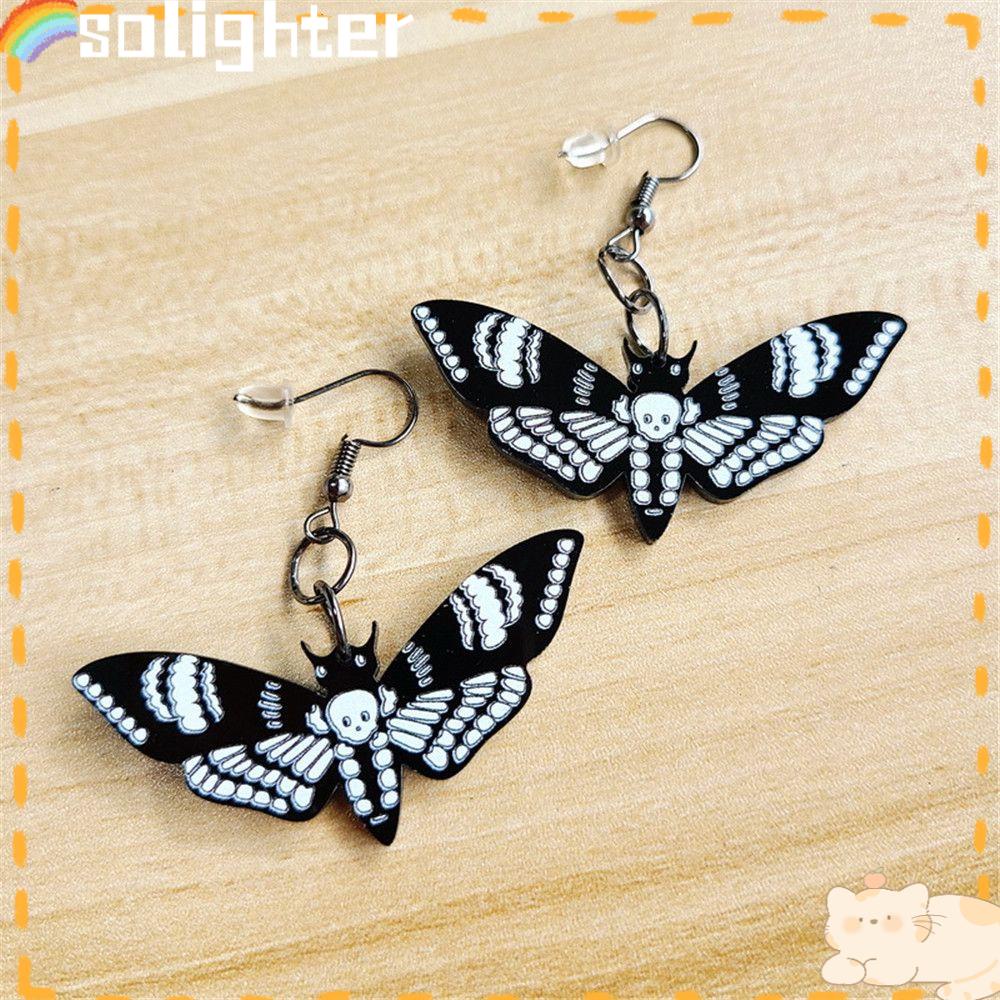 Solighter Drop Earrings Vintage Halloween Akrilik Tengkorak Ngengat Pola Serangga