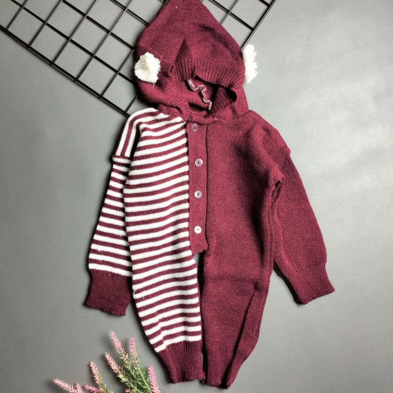 jumper rajut hoodie bayi 0-6 bulan motif salur kombinasi pompom