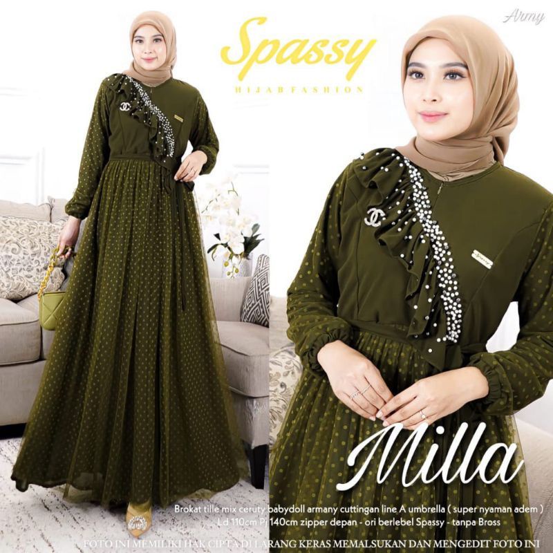 Baju Gamis Lebaran Baju Kondangan Wanita Kekinian Milla Dress Ceruty Babydoll Mix Tille Dot Gamis Dewasa Gaun Pesta Muslimah