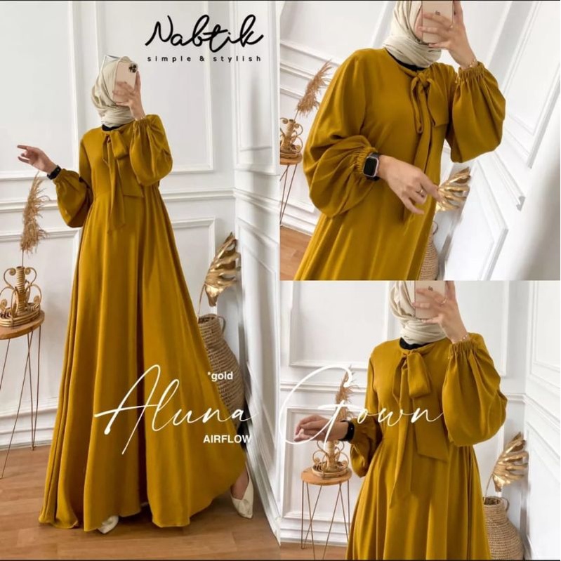 PROMO GAMIS ALUNA GOWN SERIES GAMIS POLOS WARNA HITAM GAMIS LEBARAN WARNA PUTIH