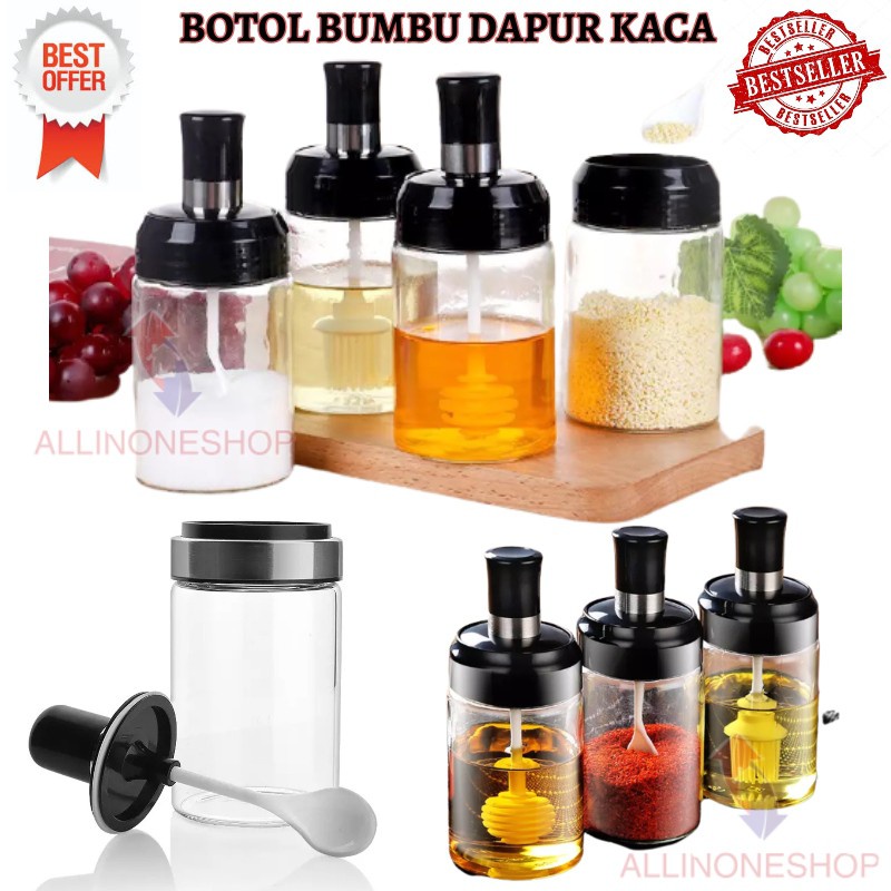 Botol Bumbu kaca - Botol Bumbu kaca 250 ml + Sendok  2 in 1 -  Toples Bumbu Dapur Kaca Serbaguna