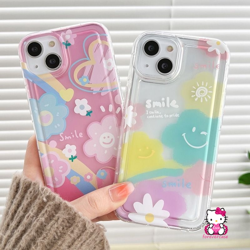 IPHONE Ins Korea Lucu Senyum Casing Kompatibel Untuk Iphone7 8 6 6S Plus XR 11 14 13 12 Pro MAX X XS MAX Segar Cat Air Bunga Awan Cinta Hati Lembut TPU Shockproof Airbag Case