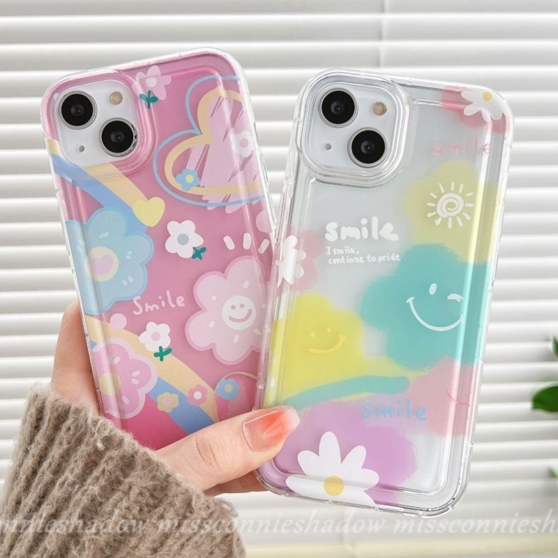 IPHONE Ins Korea Shockproof Airbag Case Kompatibel Untuk Iphone11 14 13 12 Pro Max7 8 6 6S Plus XR X XS MAX Senyum Lucu Segar Cat Air Bunga Awan Cinta Hati Lembut TPU Penutup Belakang