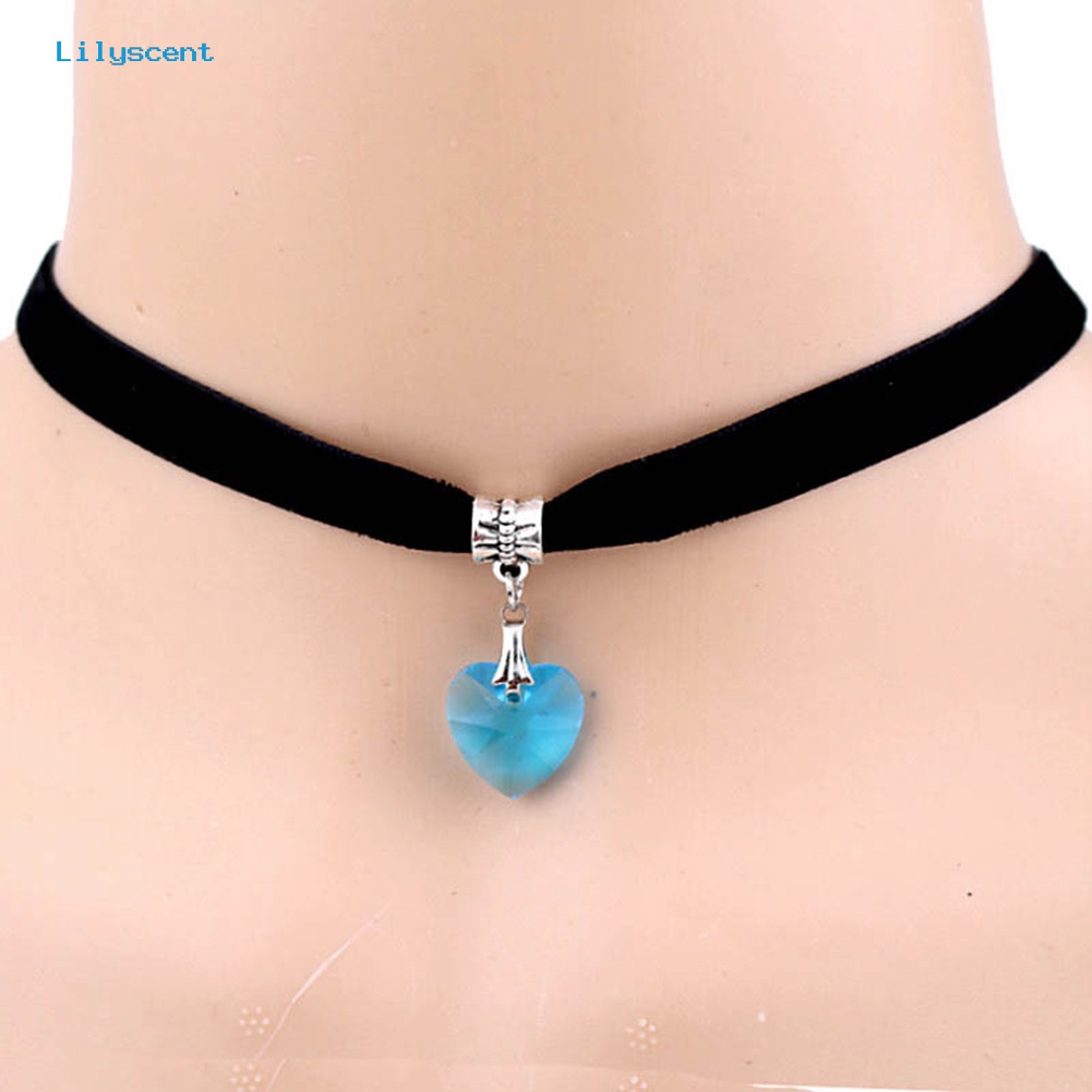 [LS] Wanita Gothic Hati Berlian Imitasi Liontin Beludru Choker Pendek Kalung Perhiasan Hadiah