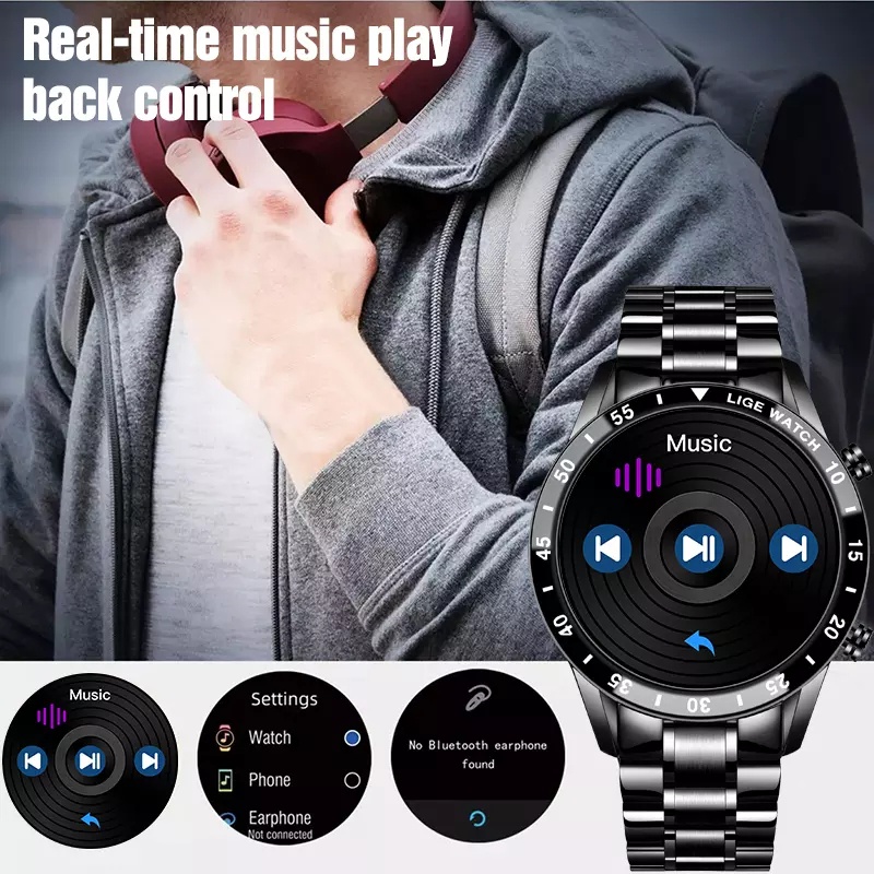 LIGE Jam Tangan Pintar Pria Original Lingkaran Penuh Layar Sentuh Tali Baja Mewah Panggilan Bluetooth Aktivitas Olahraga Tahan Air Jam Tangan Kebugaran Smart Watch