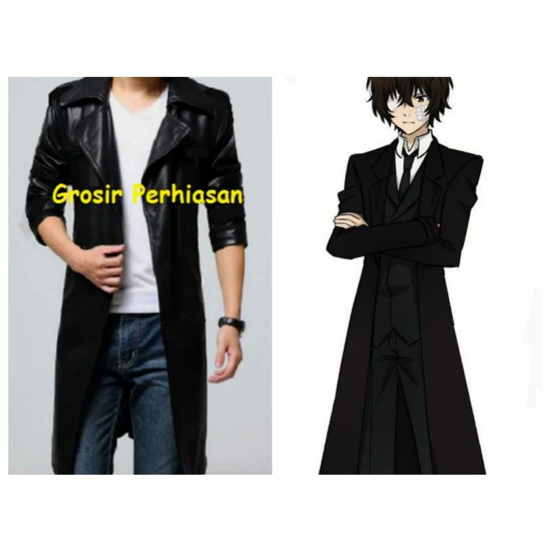 jaket jas blazer jubah panjang pria / long coat pria / kulit sintetis premium