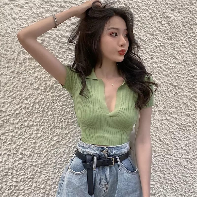 Blouse Kerah Polo Knit Premium Vneck