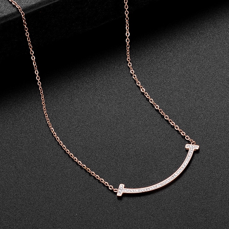 Kalung Lapis Titanium Steel 18K Rose Gold Hias Berlian Zircon Gaya Korea