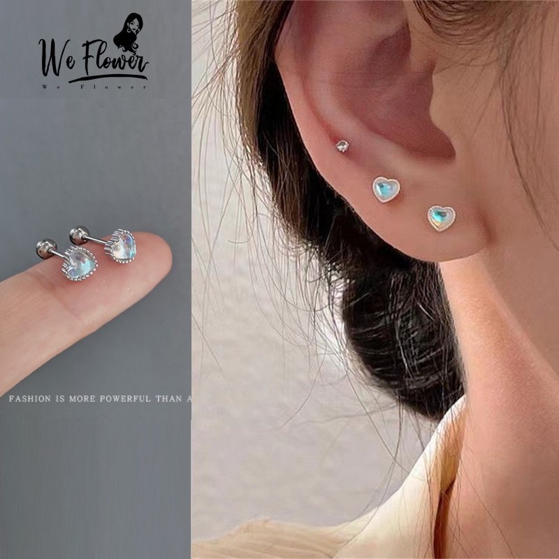 We Flower Halus Glossy Fancy Biru Moonstone Heart Screw Earrings Untuk Wanita Perempuan Lucu Kecil Peach Stud Earring Ear Jewelry