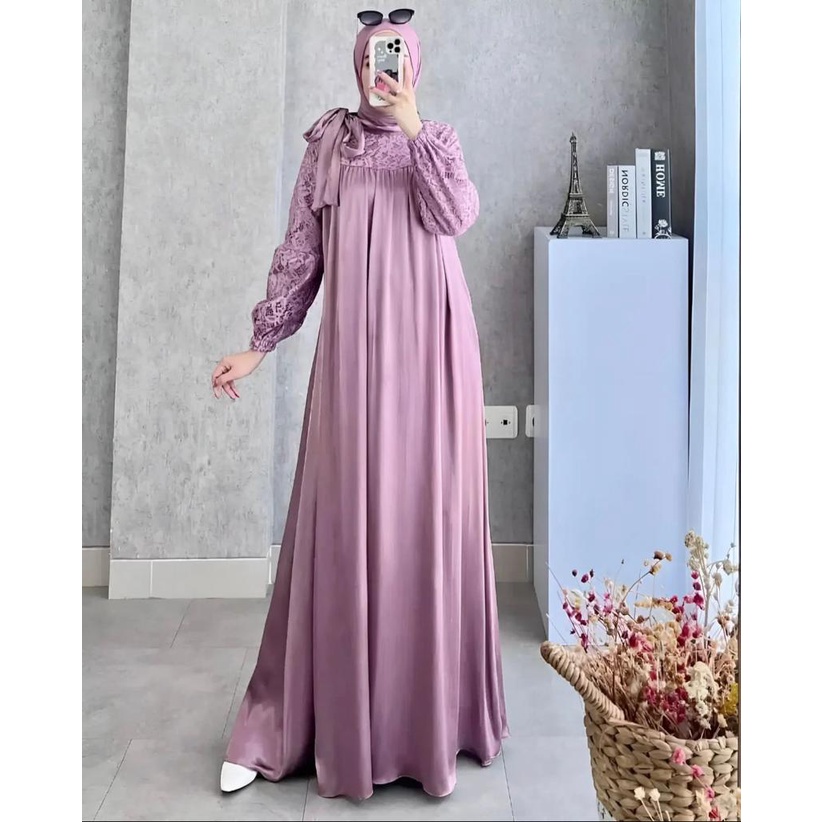 SATIN MAXI DRESS BRUKAT MEWAH ELEGANT - LONG DRESS MUSLIM