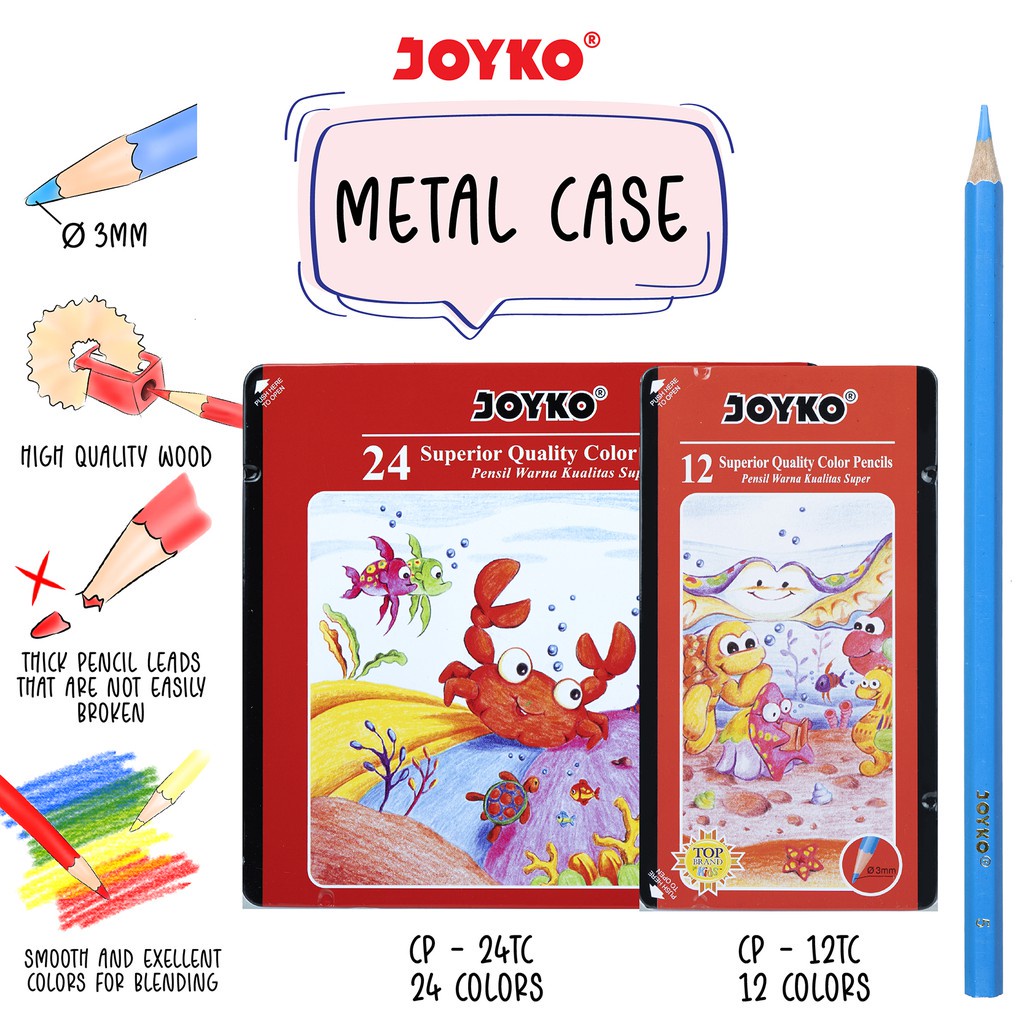

Joyko CP-12TC, CP-24TC Pensil Warna Dengan Metal Case Color Pencils Hexagonal Grip / Pinsil Pencil Color