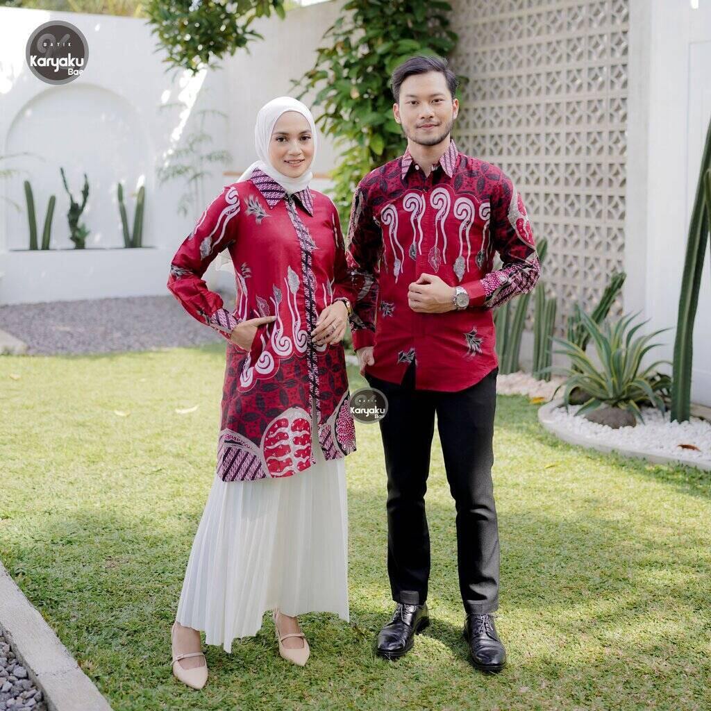 BATIK COUPLE TUNIK ZIPPER RESLETING KEMEJA PANJANG MERAH KARYAKU BAE