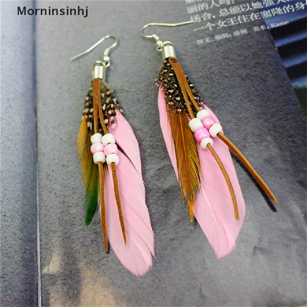 Mornin Fashion Rumbai Menjuntai Anting Bulu Manik Kulit Anting Indian Feathers id