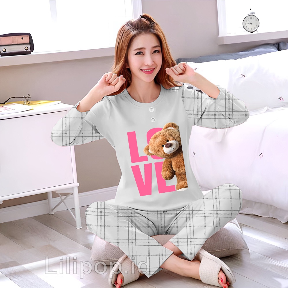 Lilipop.id  Baju Tidur Wanita Love tedy Bear Celana Panjang PP Allsize Lengan Panjang Baby Doll Bahan Kaos Dewasa