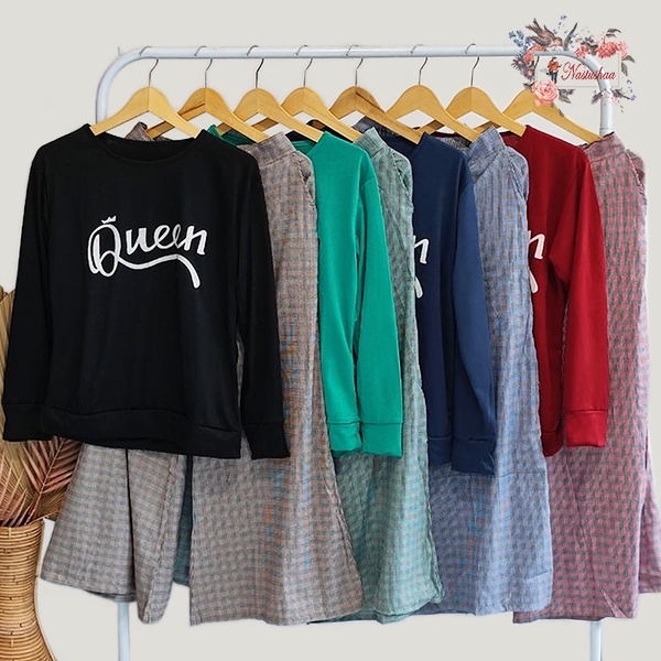 SETELAN KULOT FASHION TRENDY WANITA JUMBO ONE SET KAOS LENGAN PANJANG + CELANA KULOT PANJANG MOTIF KOTAK-KOTAK WANITA KASUAL