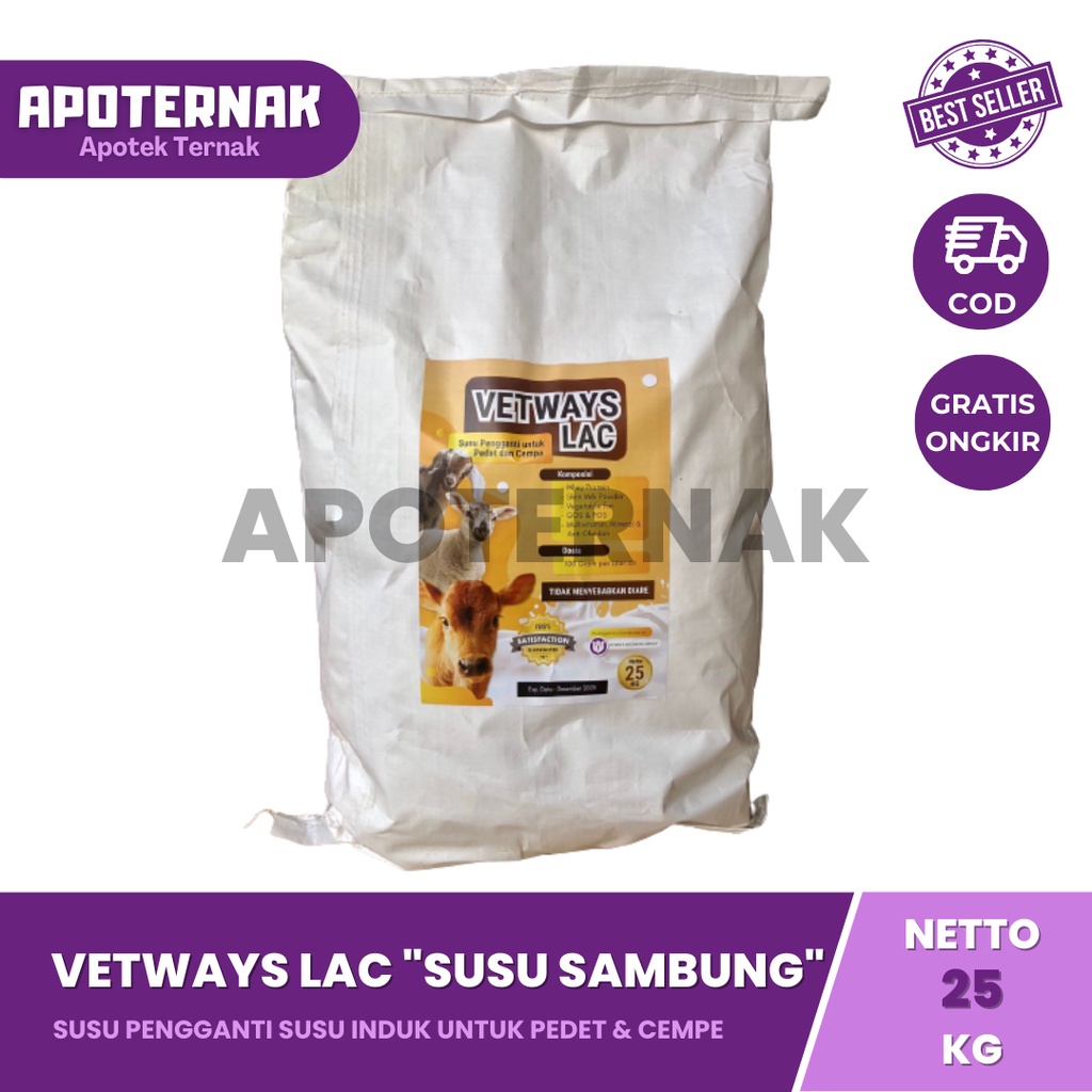 VETWAYS LAC 1 Sak 25 kg | Susu Pengganti Susu Sambung Induk Sapi Kambing Domba Anti Diare Mencret | Susu Pedet Cempe | Master Lac Kalvolac | Apoternak