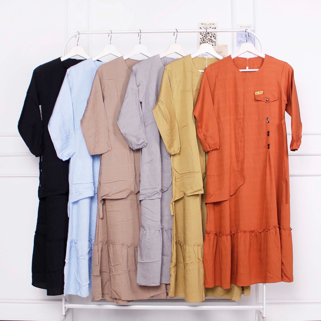 CIAHAW-Gamis Anak Perempuan syari Cringkel Polo Linen-Kancing Usia 6-12 Tahun