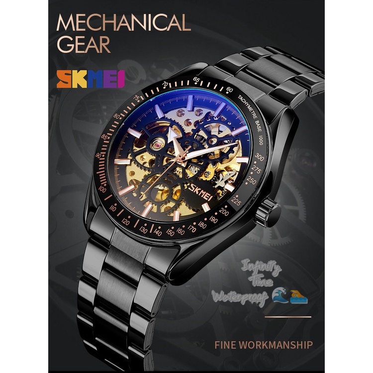 Jam Tangan Skmei 9194 Cowok Analog Rantai Stainless Mesin Automatic Kualitas Original Waterproof