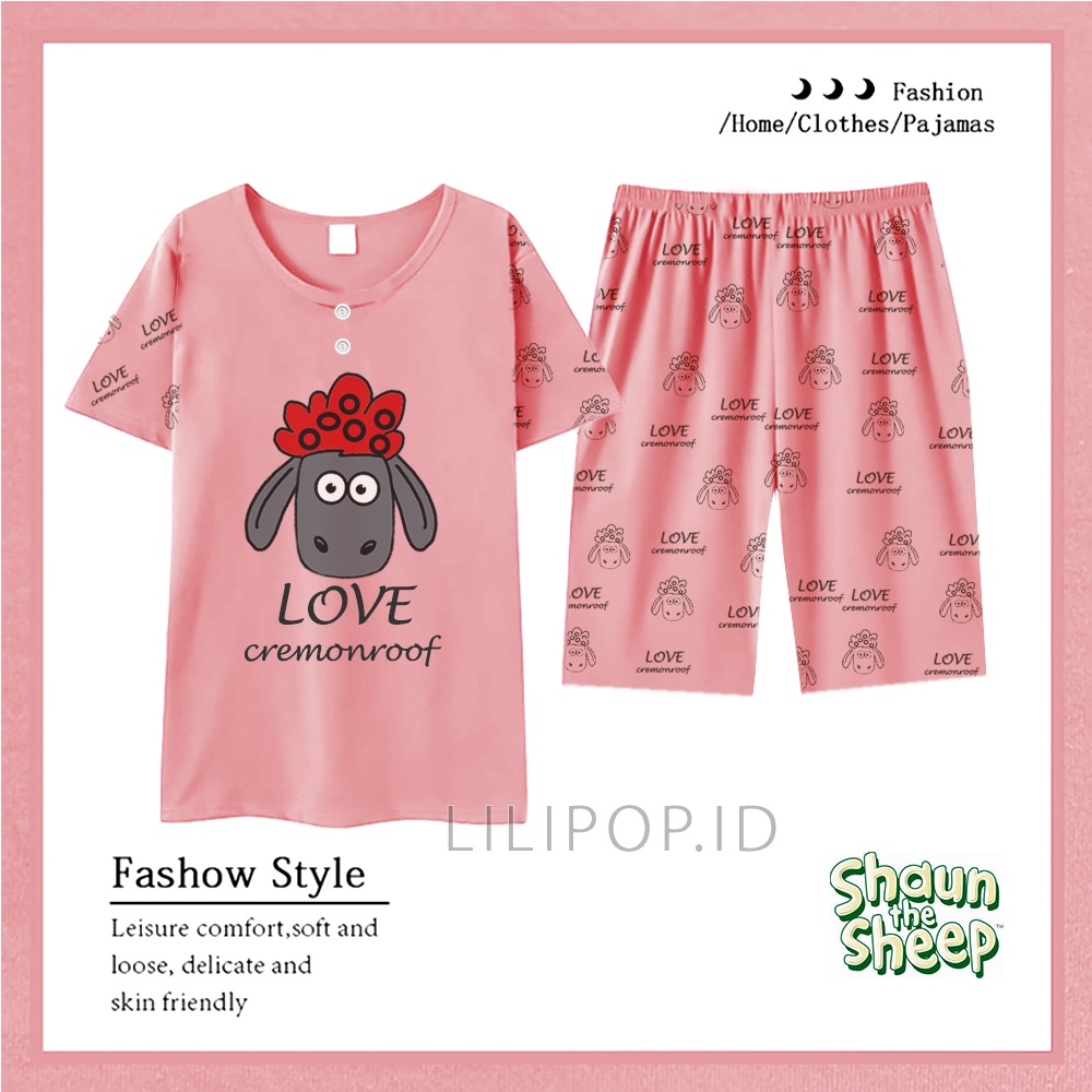 Lilipop.id  Baju Tidur Wanita SHAUN SHEP 3/4 Celana Pendek  Baby Doll Bahan Kaos