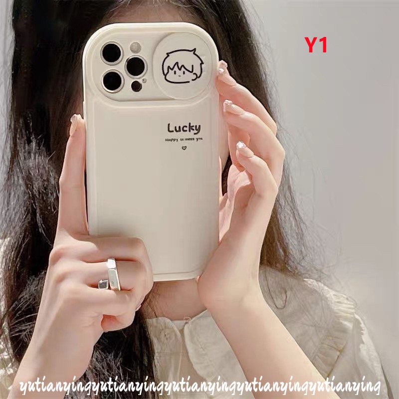 IPHONE Kartun Lucu Gadis Cowok Beruntung Happy Case Kompatibel Untuk Iphone11 12 13 Pro MAX XR 7plus 8plus 78 Plus X XS MAX Push Pull Window Pelindung Lensa Kamera Lembut TPU Pasangan Cover