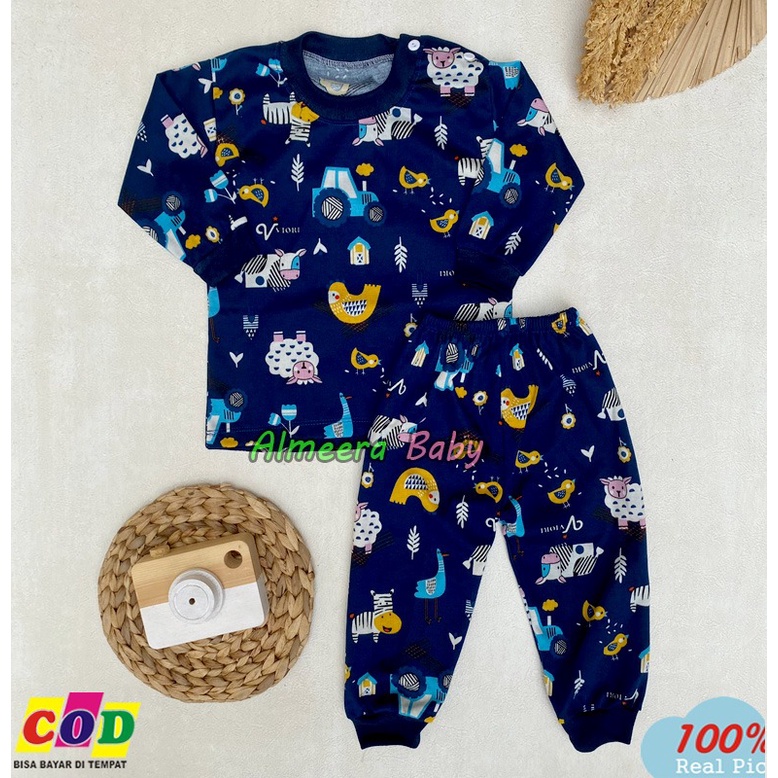 Setelan Baju Bayi Piyama Bayi Lengan Panjang Kancing Pundak Motif Printing Hewan Usia 3-12 Bulan Anababy