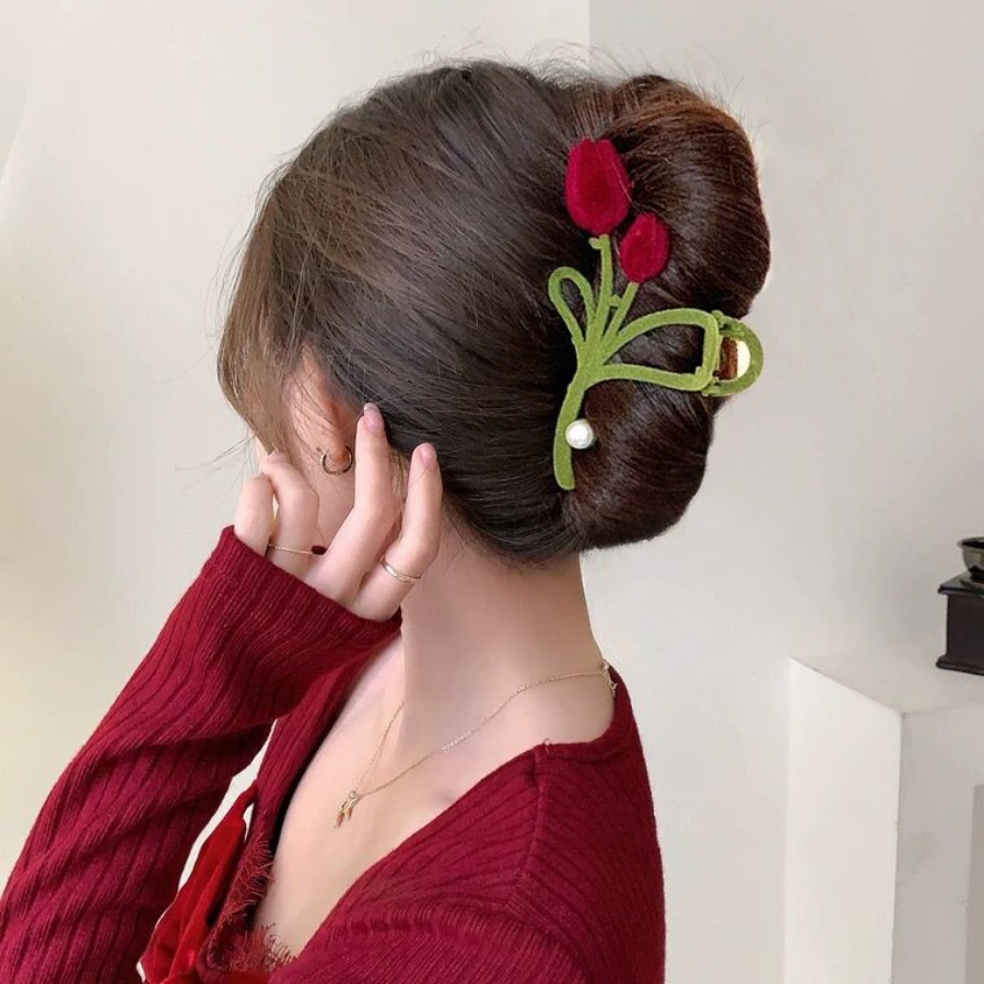 Korea Vintage Merah Beludru Tulip Jepit Rambut Gadis Manis Mutiara Hair Clip Woman Aksesoris Rambut