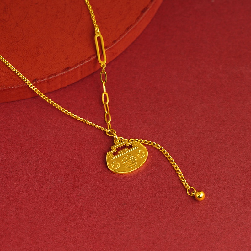Goldkingdom Perhiasan Fashion Emas Asli Kadar 375Bangkok Aksesoris Ready Stock Fu Lu Rumbai Sepuhan Liontin Fu Tas Kunci Emas Kalung Untuk Wanita