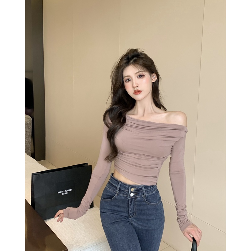 Red One-Shoulder Hot Girl Keinginan Murni Gaya Wanita Musim Semi Pendek Slim Lengan Panjang T-shirt Tanpa Tali Hitam Bottoming Shirt top