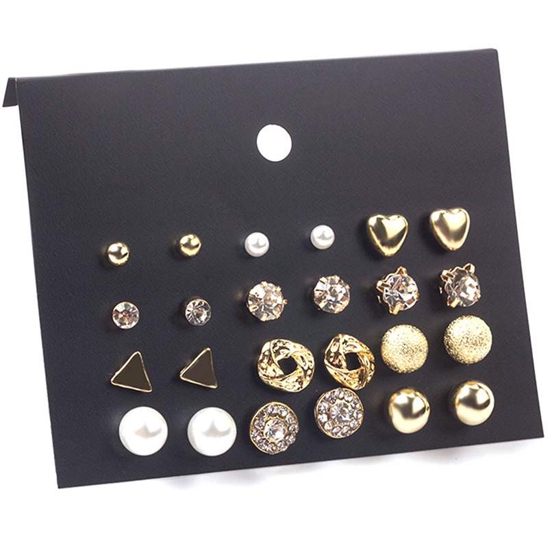 12pasang/set Anting Tusuk Bulat Kecil Punk Gold Set Anting Mutiara Untuk Wanita Anting Zirkon Lucu