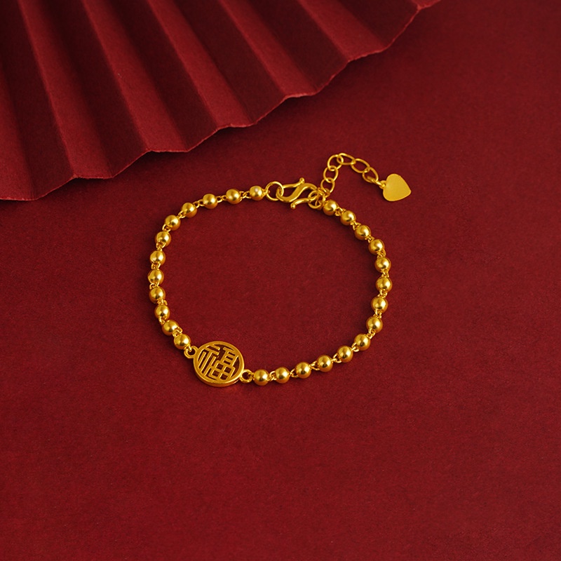 Goldkingdom Fashion Perhiasan 24 K Bangkok Aksesoris Ready Stock Baru Berlapis Emas Gelang Kepala Buddha Melubangi Fu Karakter Model Perempuan Retro Manik Rantai Penyesuaian