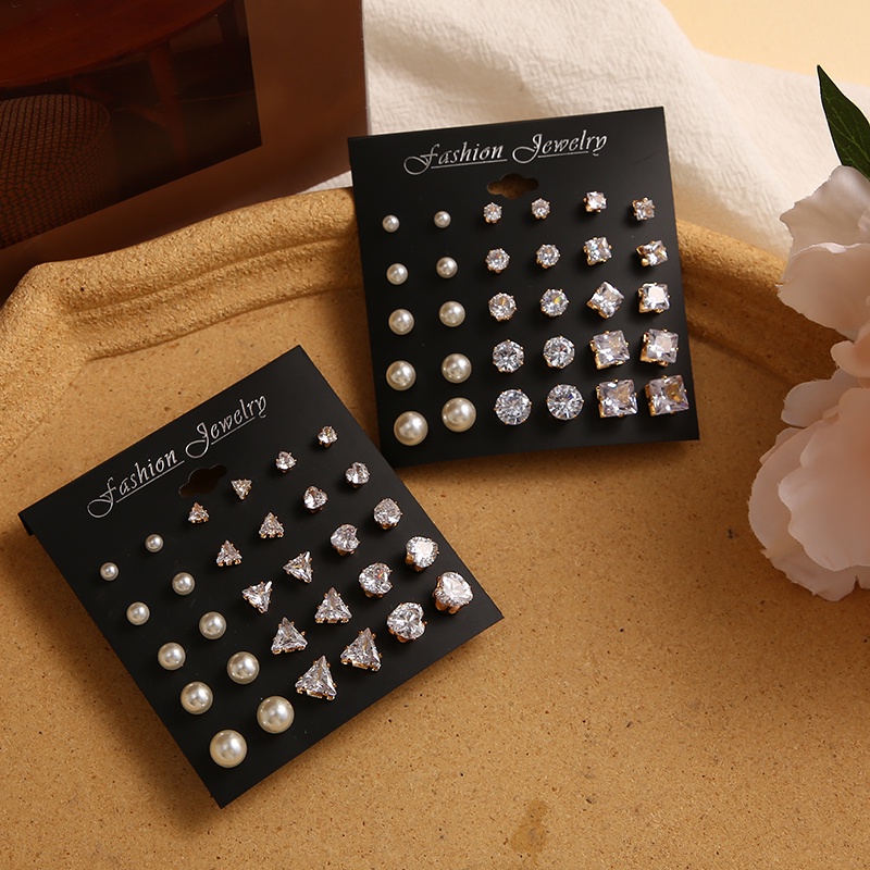 Set Anting Bulat Kotak Simple Anting Tusuk Bentuk Segitiga Mutiara Emas Silver Untuk Aksesoris Perhiasan Wanita