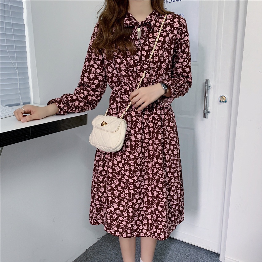 Fashion Kain Sutera Tipis Hitam Putih Bungs Wanita Midi Dress Korea Lengan Panjang Muslimah Motif Bunga Panjang Gaun