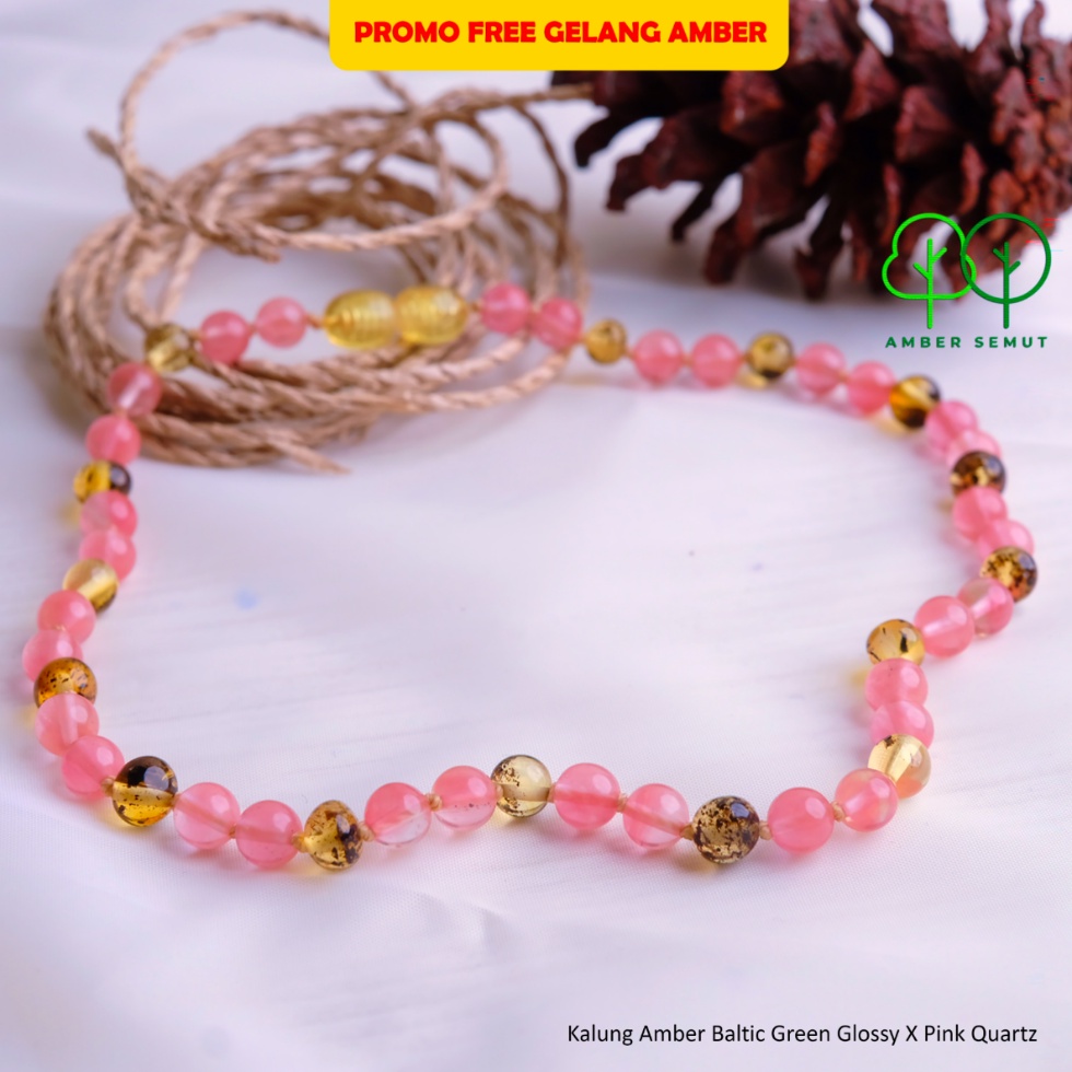 Kalung Amber Baltic Green Glossy X Pink Quartz by Amber Semut