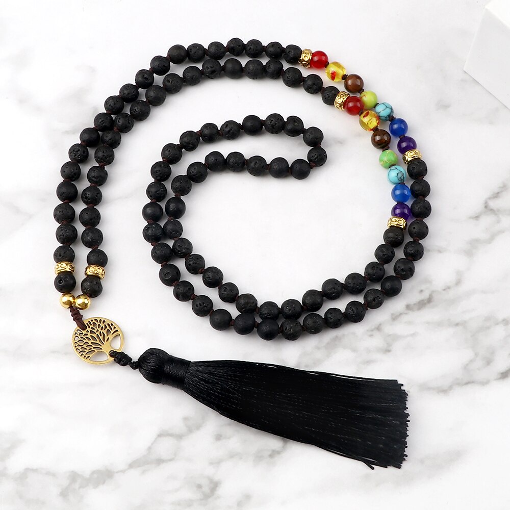 Japamala Natural Lava Stone 108 Mala 7 Chakra Beads Necklace Reiki 6mm