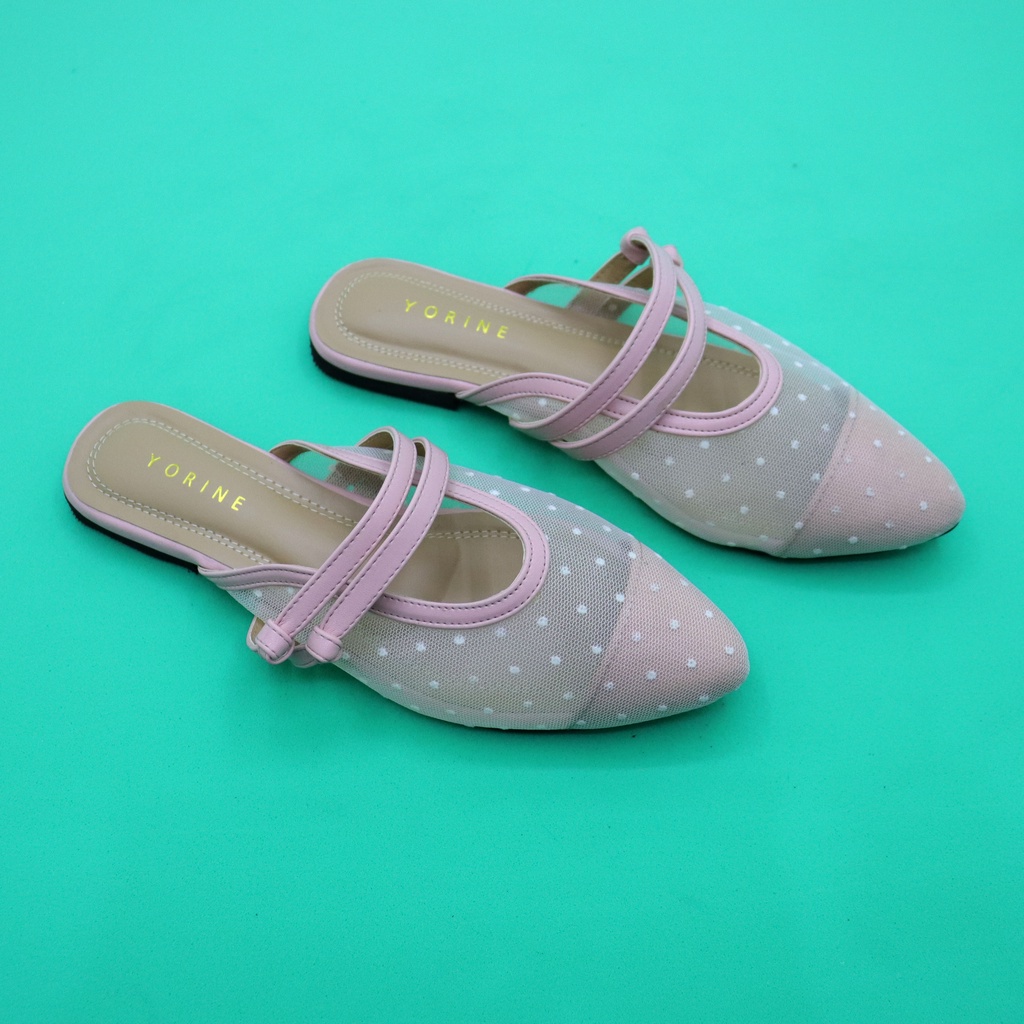 Sepatu Wanita Mules Flat SHoes Anti Slip Model Jaring Polkadot Kekinian Slop Jala