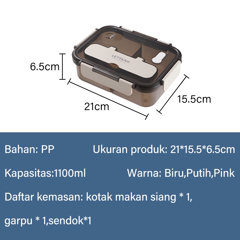 Letyeah &amp; Kaizenliving Tempat Makan Mangkok 2 Sekat 1100ml Bersekat Box/Kotak Makan Bento Dewasa Transparant