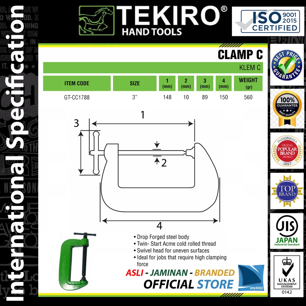 Alat Bantu Jepit 3&quot; inch Penahan Statis Model C Clamp / Clamping Kit TEKIRO